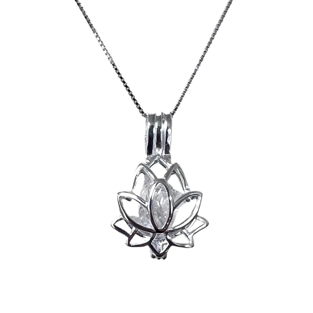 925 Sterling Silver Herkimer Diamond Quartz Crystal Lotus Flower Necklace